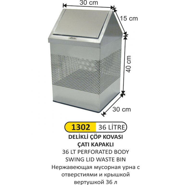 1302 36 LT ÇATI KAPAKLI GÖVDE DELİKLİ PASLANMAZ ÇÖP KOVASI