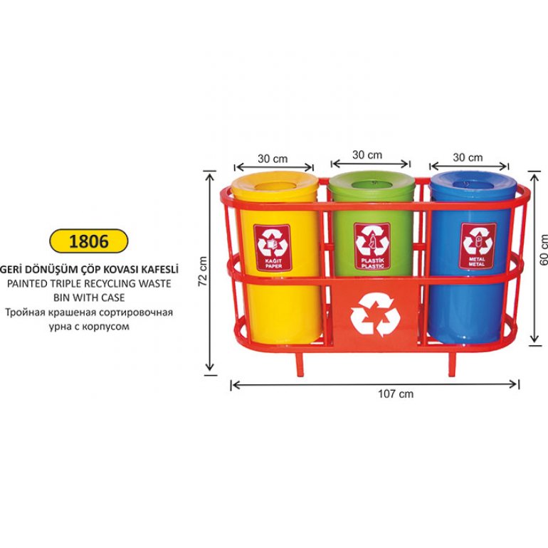 1806 3 BÖLMELİ KAFESLİ GERİ DÖNÜŞÜM SETİ BOYALI