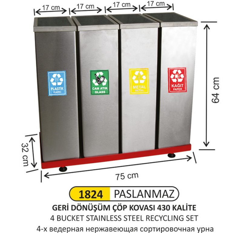 1824 4 BÖLMELİ GERİ DÖNÜŞÜM SETİ PASLANMAZ