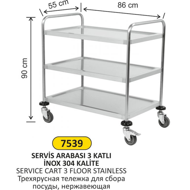 7539 3 KATLI INOX 304 KALİTE SERVİS ARABASI