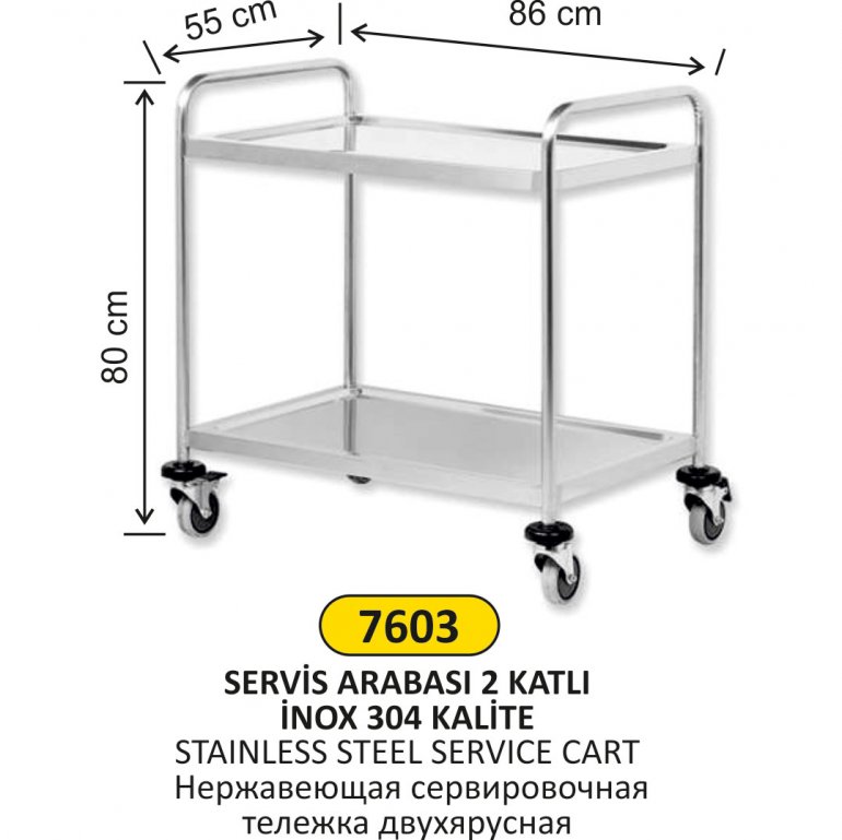 7603 2 KATLI INOX 304 KALİTE SERVİS ARABASI